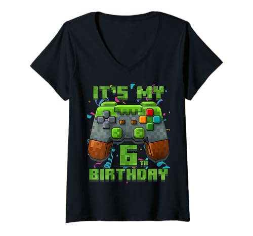 Damen 6. Geburtstag 6 Jahre alt Geburtstag Junge Gamer Pixel Nummer T-Shirt mit V-Ausschnitt Damen 6. Geburtstag 6 Jahre alt Geburtstag Junge Gamer Pixel Nummer T-Shirt mit V-Ausschnitt von It's My Birthday Gamer Pixel Birthday Boy Shirt