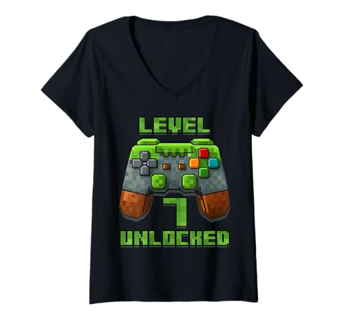 Damen 7. Geburtstag 7 Jahre alt Geburtstag Junge Gamer Pixel Nummer T-Shirt mit V-Ausschnitt Damen 7. Geburtstag 7 Jahre alt Geburtstag Junge Gamer Pixel Nummer T-Shirt mit V-Ausschnitt von It's My Birthday Gamer Pixel Birthday Boy Shirt
