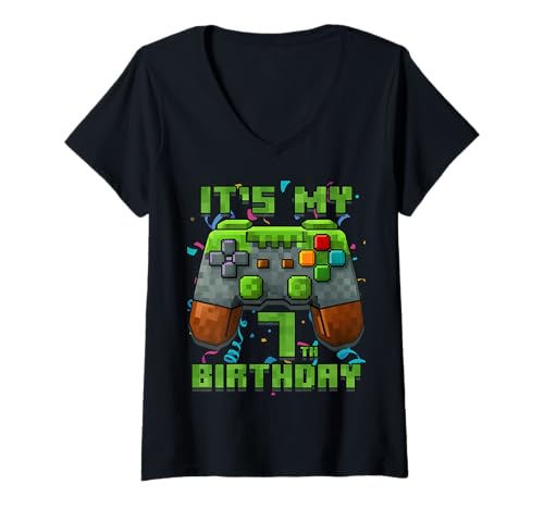 Damen 7. Geburtstag 7 Jahre alt Geburtstag Junge Gamer Pixel Nummer T-Shirt mit V-Ausschnitt Damen 7. Geburtstag 7 Jahre alt Geburtstag Junge Gamer Pixel Nummer T-Shirt mit V-Ausschnitt von It's My Birthday Gamer Pixel Birthday Boy Shirt
