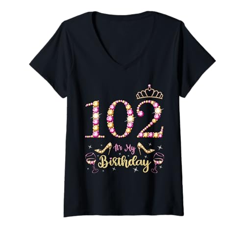 Damen 102 It's My Birthday 102 Years Old 102. Geburtstag Geburtstagsparty T-Shirt mit V-Ausschnitt Damen 102 It's My Birthday 102 Years Old 102. Geburtstag Geburtstagsparty T-Shirt mit V-Ausschnitt von It's My Birthday Party Royal Queens Bday Ideas