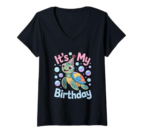Damen It's My Birthday Sea Turtle Cute Ocean Animal Party T-Shirt mit V-Ausschnitt Damen It's My Birthday Sea Turtle Cute Ocean Animal Party T-Shirt mit V-Ausschnitt von It's My Birthday Sea Turtle Tee