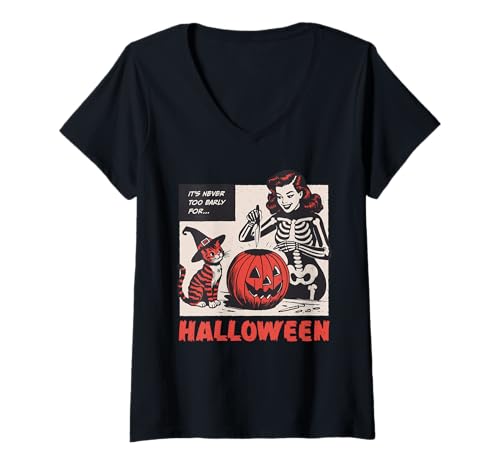 Damen It's Never Too Early for Halloween Jack O Lantern Skelett T-Shirt mit V-Ausschnitt von It's Never Too Early For Halloween Jack O Lantern.