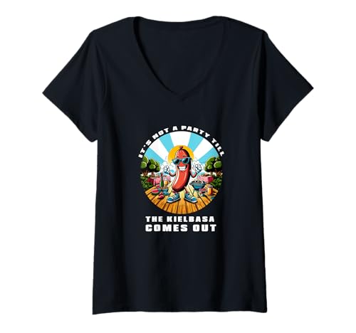Damen Es ist Keine Party, bis die Kielbasa herauskommt. Wurst-BBQ T-Shirt mit V-Ausschnitt Damen Es ist Keine Party, bis die Kielbasa herauskommt. Wurst-BBQ T-Shirt mit V-Ausschnitt von It's Not A Party Until the Kielbasa Comes Out