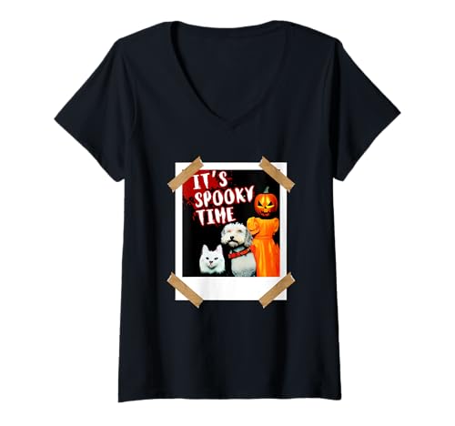 Damen Es ist gruselige Zeit Katzen-Hund-Mädchen-Halloween T-Shirt mit V-Ausschnitt von It's Spooky Time Cat Dog Girl Pumpkin Halloween