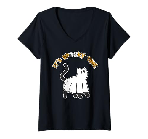 Damen Es ist gruselige Zeit. Lustige süße Geist Katze Halloween T-Shirt mit V-Ausschnitt von It's Spooky Time Funny Cute Cat Ghost Halloween