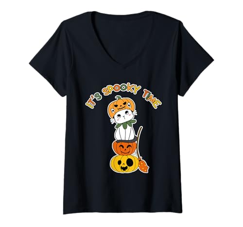 Damen Es ist gruselige Zeit. Lustige süße Kürbis Katze Halloween T-Shirt mit V-Ausschnitt Damen Es ist gruselige Zeit. Lustige süße Kürbis Katze Halloween T-Shirt mit V-Ausschnitt von It's Spooky Time Funny Cute Pumpkin Cat Halloween