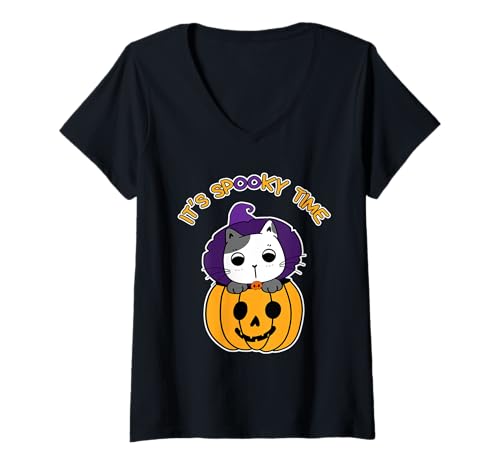 Damen Es ist gruselige Zeit. Lustige süße Kürbis Katze Halloween T-Shirt mit V-Ausschnitt Damen Es ist gruselige Zeit. Lustige süße Kürbis Katze Halloween T-Shirt mit V-Ausschnitt von It's Spooky Time Funny Cute Pumpkin Cat Halloween