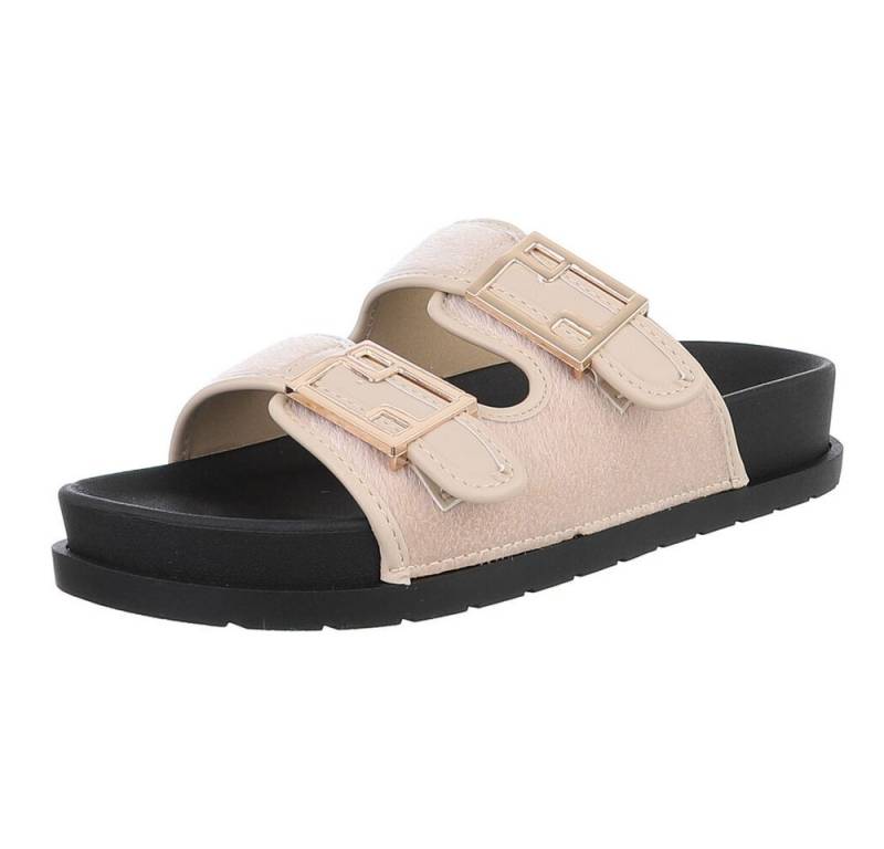 Ital-Design Bequeme Damen-Sandalen mit Schnallen in Beige fürs Freizeitstyling Pantolette (89372761) Flach Pantoletten in Beige von Ital-Design