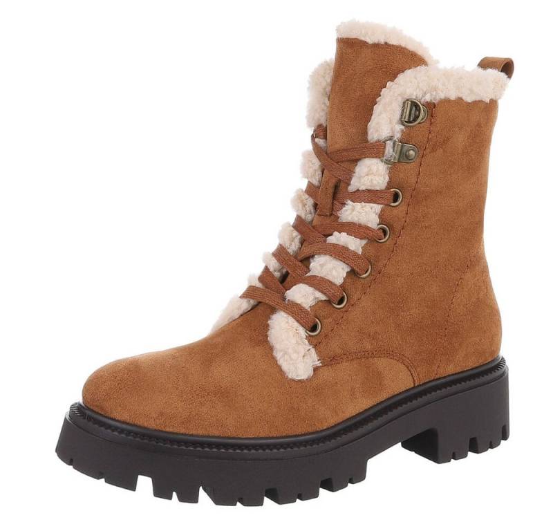 Ital-Design Bequeme Damen Stiefel mit Futter und robuster Sohle Schnürstiefelette (90649065) Blockabsatz Stiefeletten in Camel von Ital-Design