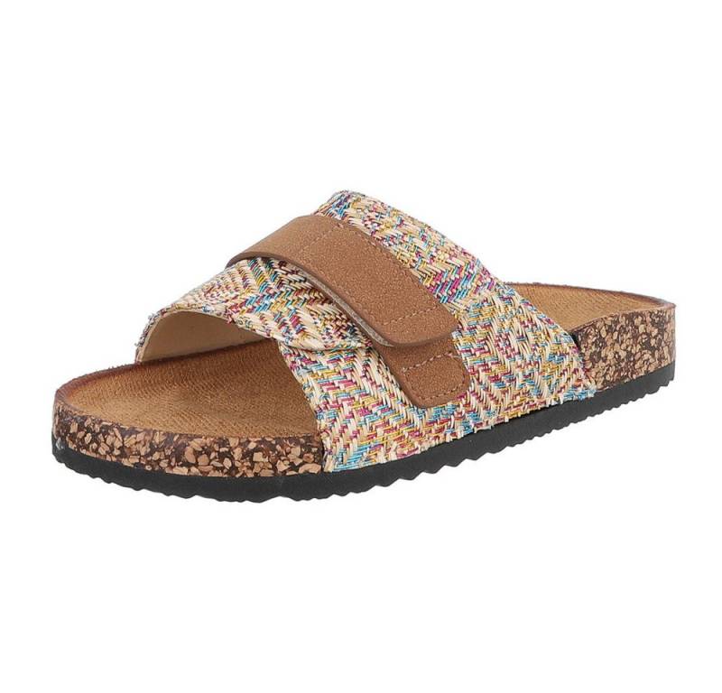 Ital-Design Bequeme Damenschuhe mit Klettverschluss für die Freizeit Pantolette (89852804) Flach Pantoletten in Beige von Ital-Design