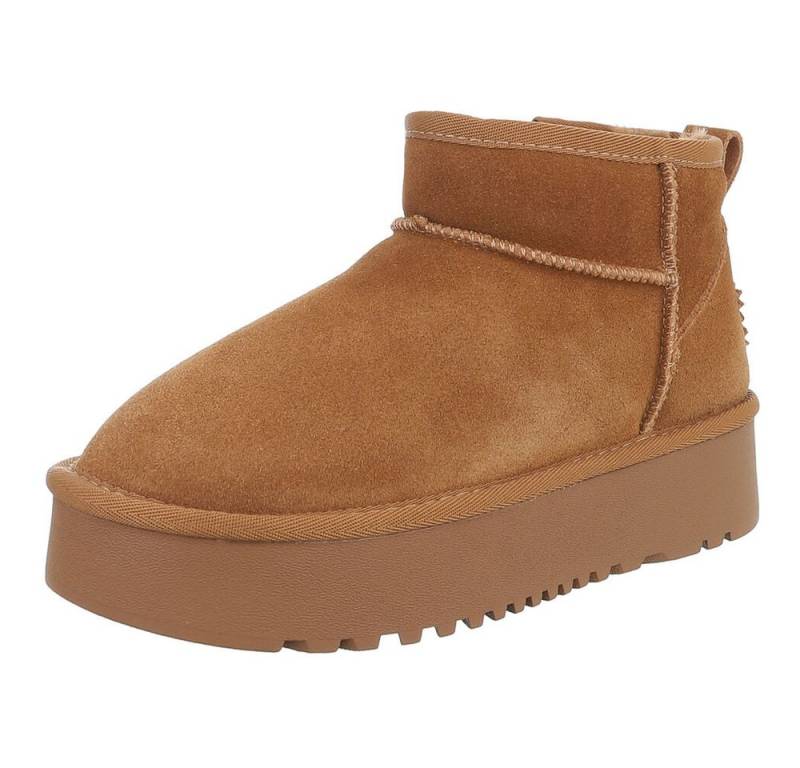Ital-Design Bequemer Plattform-Echtleder-Schuh für Alltag und Freizeit Snowboots (90471186) Flach Plateaustiefeletten in Camel von Ital-Design