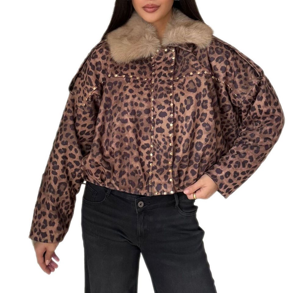 Ital-Design Bomberjacke Trendige Damenjacke mit Nieten und Kuschelkragen (90800181) Dekofell Gefüttert Winterjacke in Braun von Ital-Design