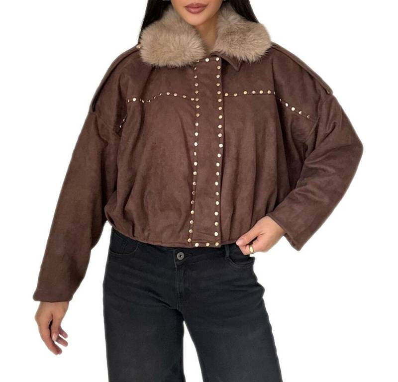 Ital-Design Bomberjacke Trendige Damenjacke mit Nieten und Kuschelkragen (90800186) Dekofell Gefüttert Winterjacke in Braun von Ital-Design