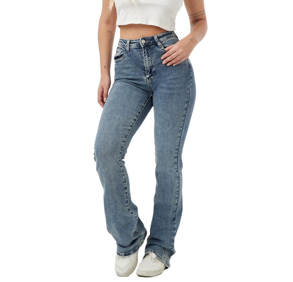 Ital-Design Bootcut-Jeans Damen Freizeit extra lang (90635501) Used-Look Stretch Bootcut Jeans in Blau von Ital-Design