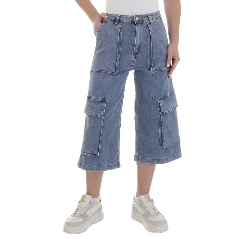 Ital-Design Caprijeans Trendy Damen Cargo-Jeans mit Taschen für Freizeitlooks (90136452) Used-Look Stretch Shorts in Blau von Ital-Design