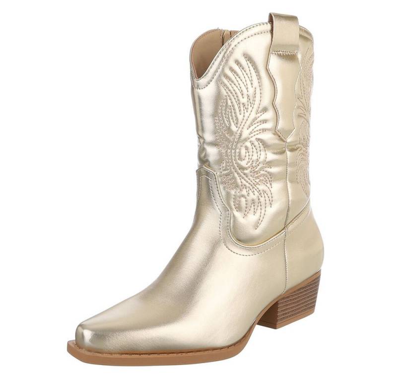 Ital-Design Cowboystiefel mit Stickdesign für Damen, Alltag und Freizeit Westernstiefelette (90482448) Blockabsatz Stiefeletten in Gold von Ital-Design