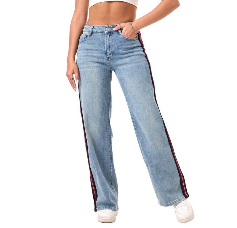 Ital-Design Dad-Jeans High-Waist Jeans mit Weitbein und seitlichen Details (90727821) Used-Look Stretch Straight Leg Jeans in Hellblau von Ital-Design