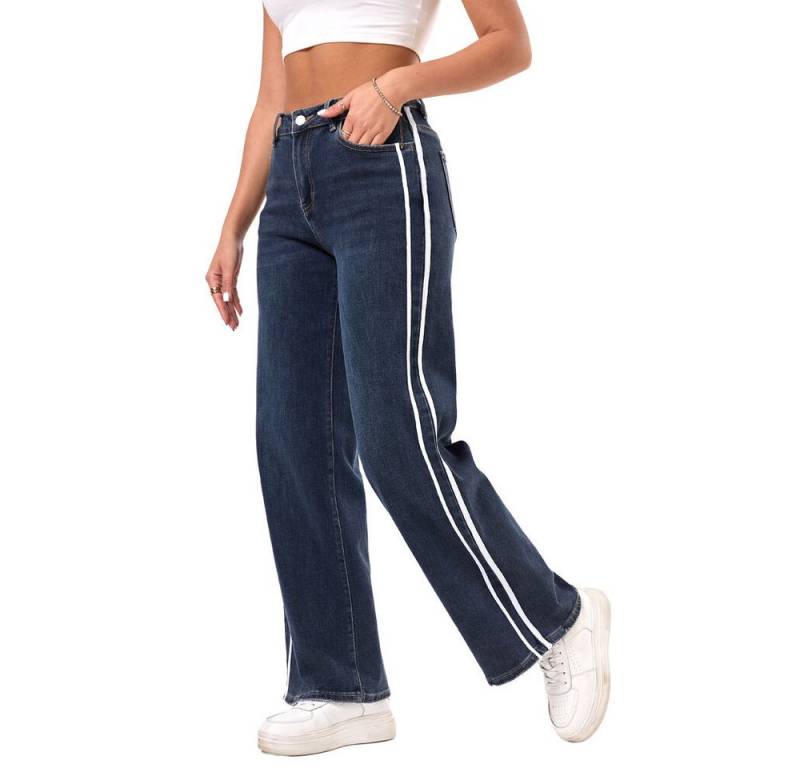 Ital-Design Dad-Jeans Sportliche Damenjeans mit seitlichen Details für Alltag (90727817) Used-Look Stretch Straight Leg Jeans in Dunkelblau von Ital-Design