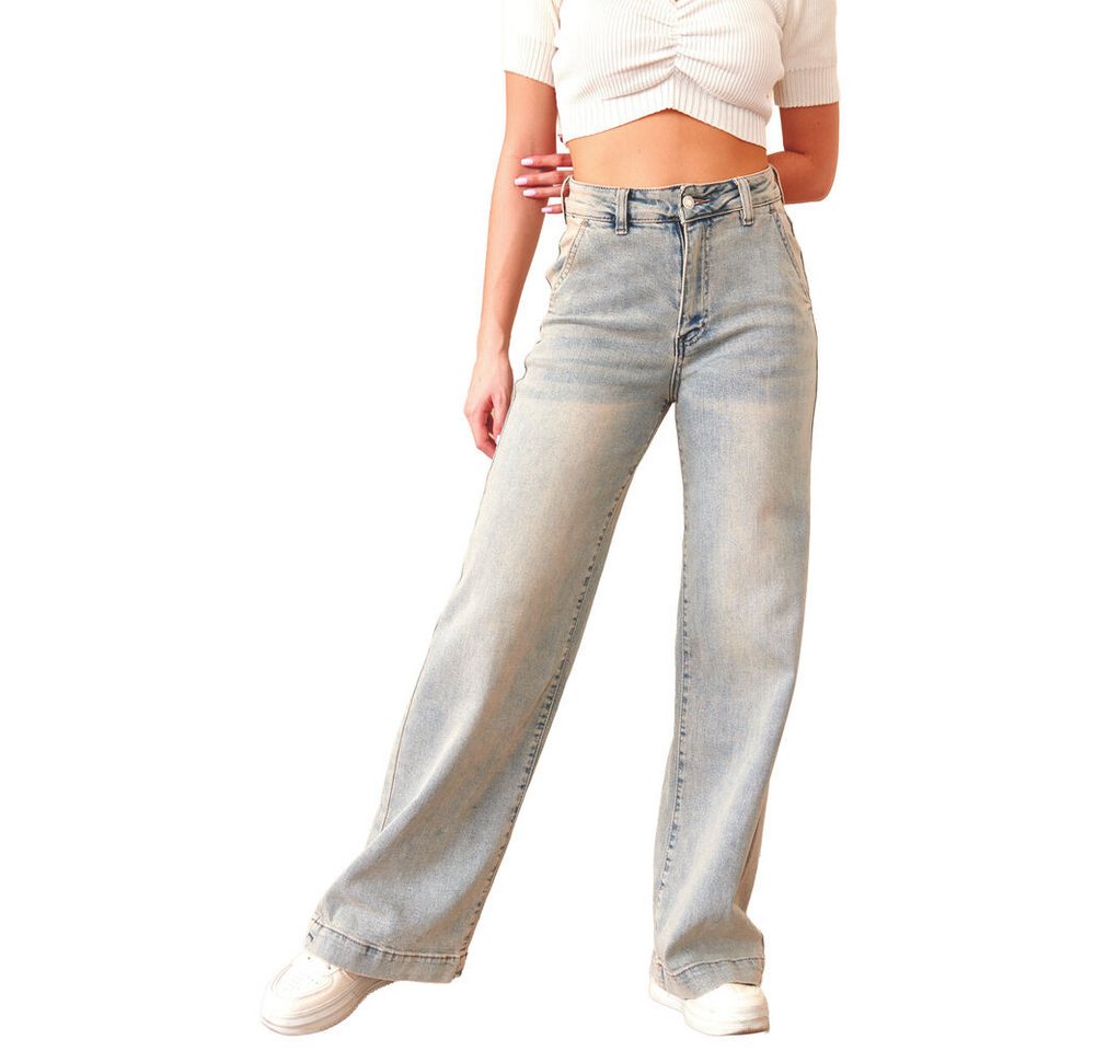 Ital-Design Dad-Jeans Trendiger, weiter Damen-Jeans in hochwertigem Denim (90552414) Used-Look Stretch High Waist Jeans in Hellblau von Ital-Design