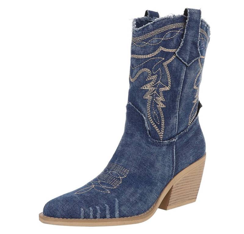 Ital-Design Damen Cowboyboots Freizeit Westernstiefelette (88843756) Blockabsatz Stiefeletten in Blau von Ital-Design