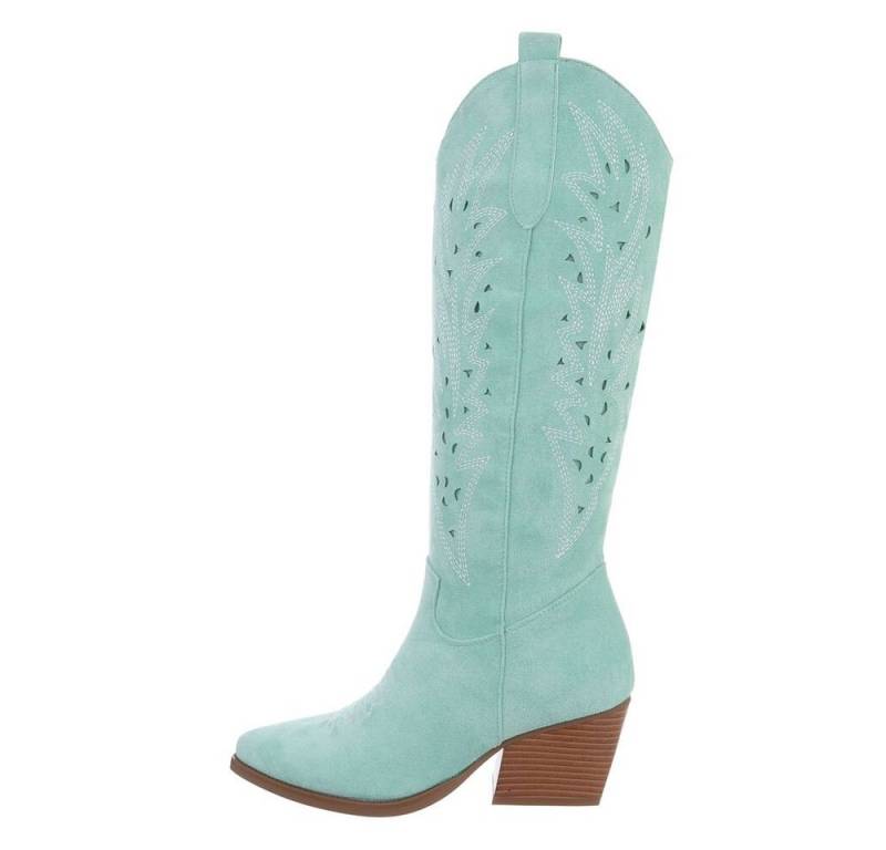 Ital-Design Elegante Damen-Cowboystiefel mit Durchbrüchen und Blockabsatz Westernstiefel (83592558) Blockabsatz Western- & Bikerstiefel in Hellgrün von Ital-Design