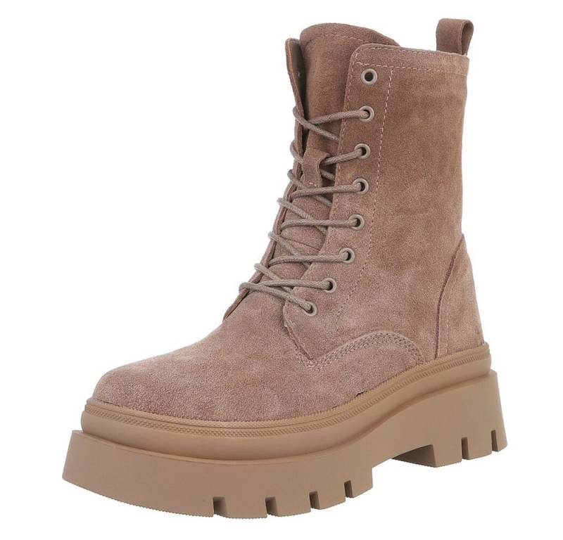 Ital-Design Damen Freizeitschnürschuhe aus echtem Wildleder Schnürstiefelette (88489358) Blockabsatz Stiefeletten in Hellbraun von Ital-Design