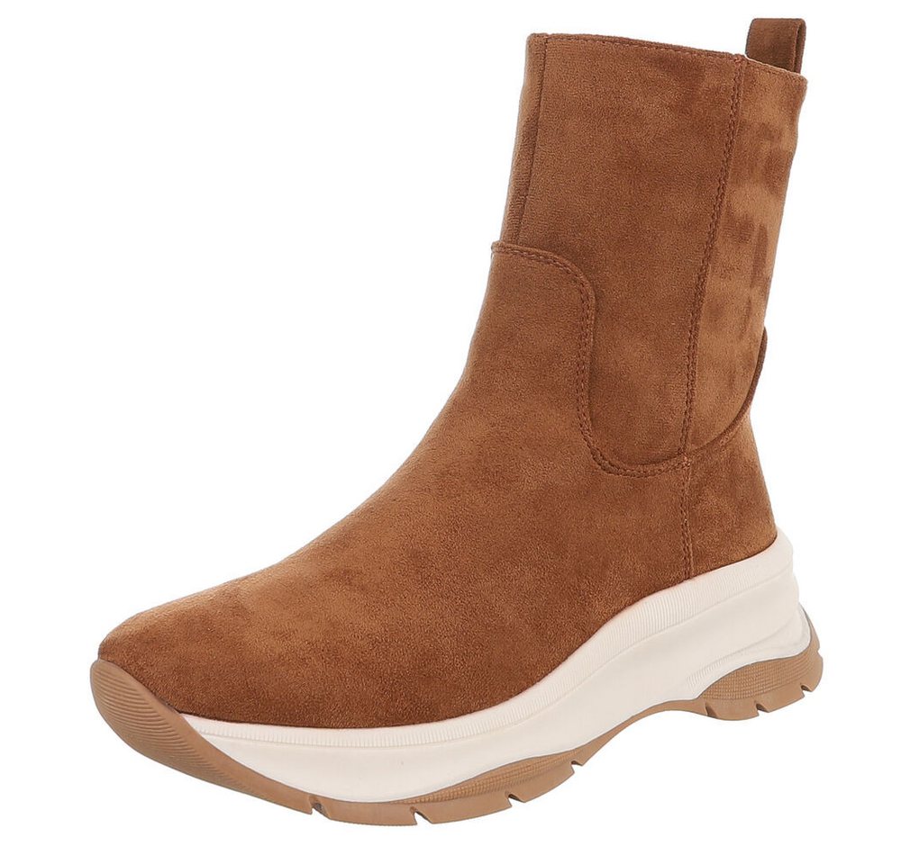 Ital-Design Damen Freizeitstiefel mit flexibel Gummizug und Komfort Plateaustiefelette (90649082) Keilabsatz/Wedge Stiefeletten in Camel von Ital-Design