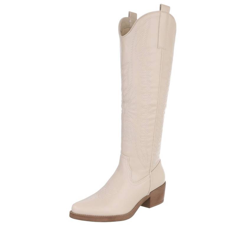 Ital-Design Damen Kniehohe Stiefel mit eleganter Stickerei Westernstiefel (89937845) Blockabsatz Stiefel in Beige von Ital-Design