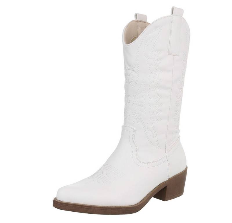 Ital-Design Damen Kniehohe Western-Stiefel mit Stickerei und Blockabsatz Westernstiefel (77888490) Blockabsatz Stiefel in Weiß von Ital-Design