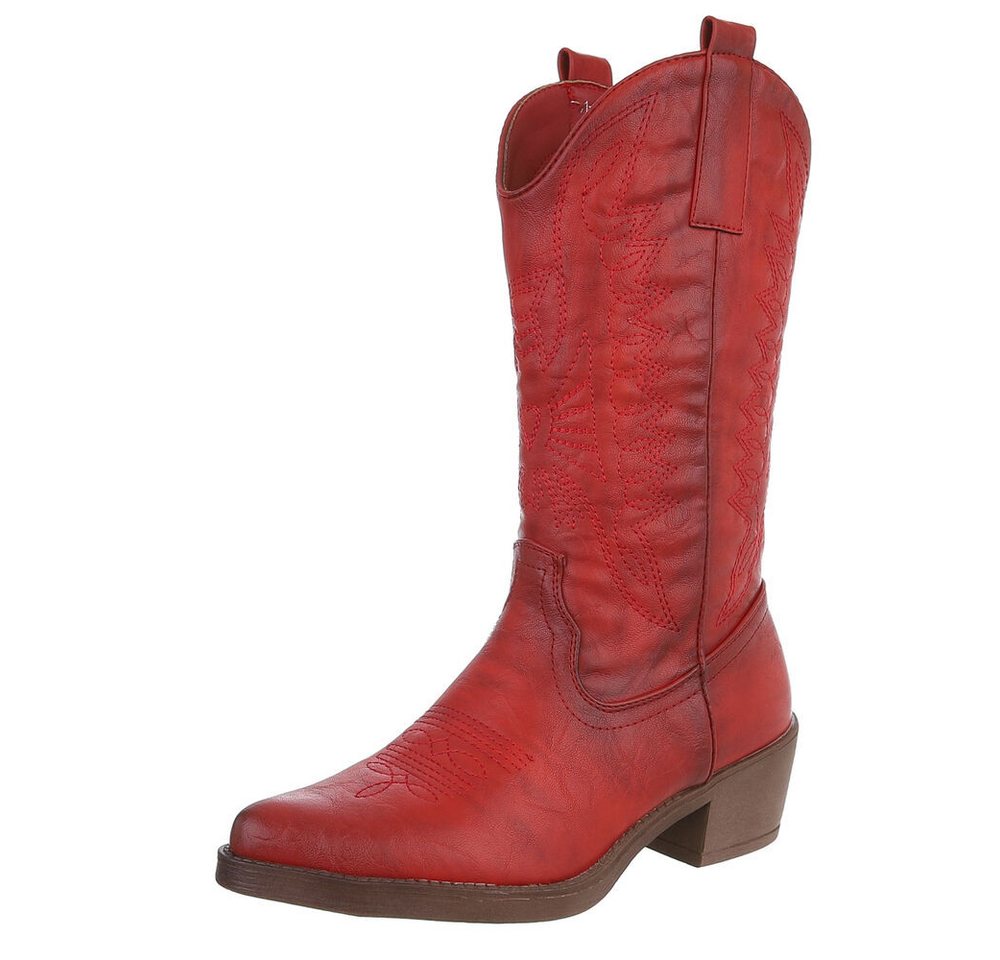 Ital-Design Damen Kniehohe Western-Stiefel mit Stickerei und Blockabsatz Westernstiefel (89938055) Blockabsatz Stiefel in Rot von Ital-Design