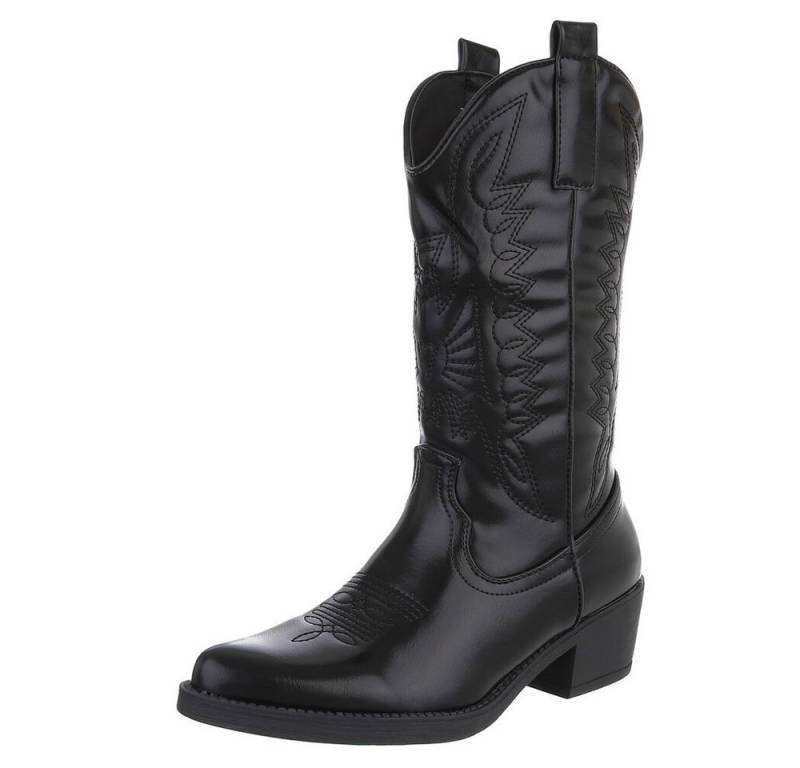 Ital-Design Damen Kniehohe Western-Stiefel mit Stickerei und Blockabsatz Westernstiefel (89938082) Blockabsatz Stiefel in Schwarz von Ital-Design