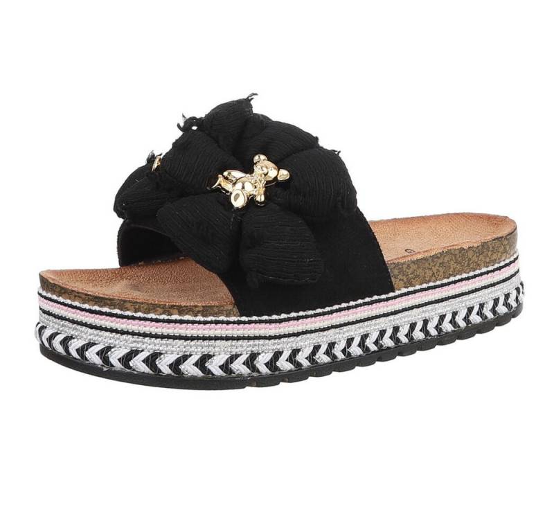 Ital-Design Stylische Damen-Sandalen mit Blumen und Korksohle Plateausandaletten (89368634) Flach Pantoletten in Schwarz von Ital-Design