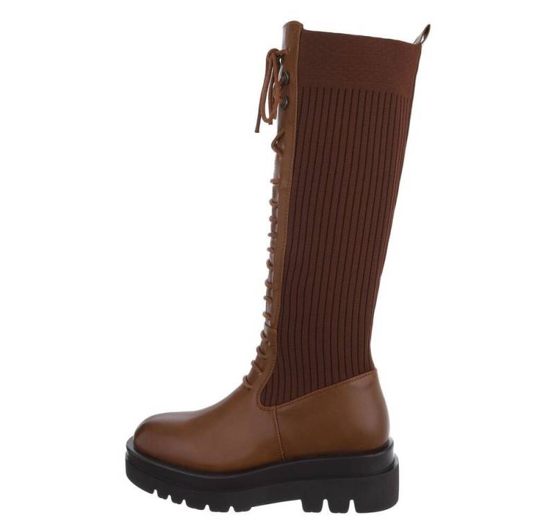 Ital-Design Damen Schnürschuhe Biker Plateaustiefel (81440920) Blockabsatz Schnürstiefel in Camel von Ital-Design