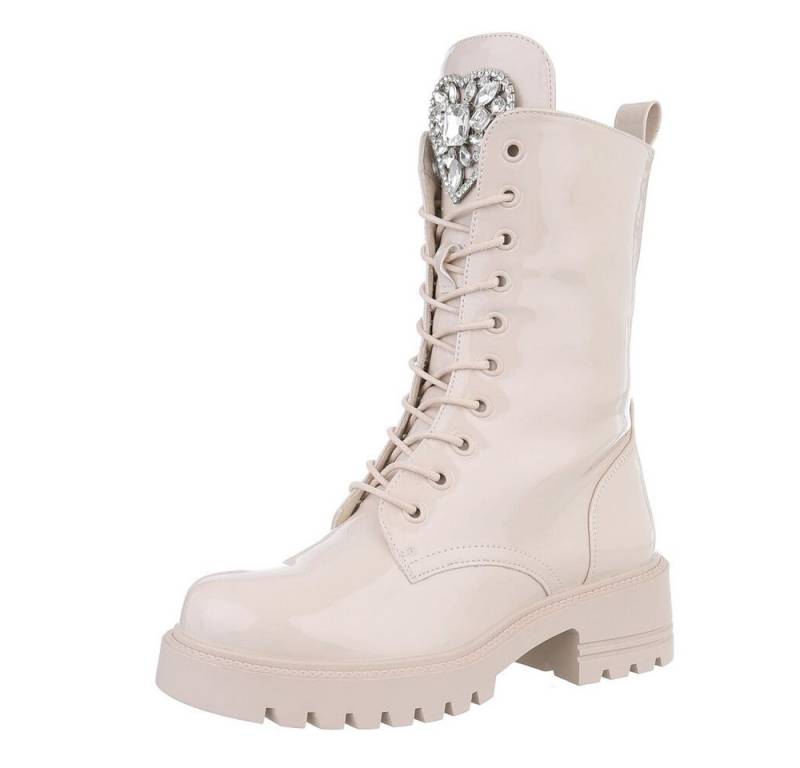 Ital-Design Damen Schnürschuhe Freizeit Schnürstiefelette (87214571) Blockabsatz Plateaustiefeletten in Beige von Ital-Design