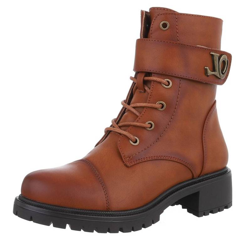 Ital-Design Damen Schnürschuhe Freizeit Schnürstiefelette (88577612) Blockabsatz Stiefeletten in Camel von Ital-Design