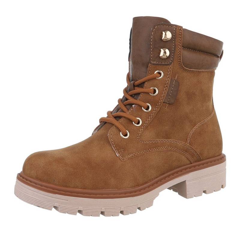Ital-Design Damen Schnürschuhe Freizeit Stiefelette (87740255) Blockabsatz Schnürstiefeletten in Camel von Ital-Design