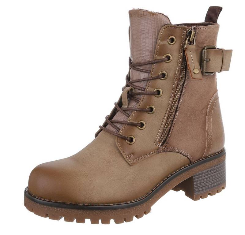 Ital-Design Damen Stiefel mit Reißverschluss und Schnürung Schnürstiefelette (90542902) Blockabsatz Stiefeletten in Hellbraun von Ital-Design