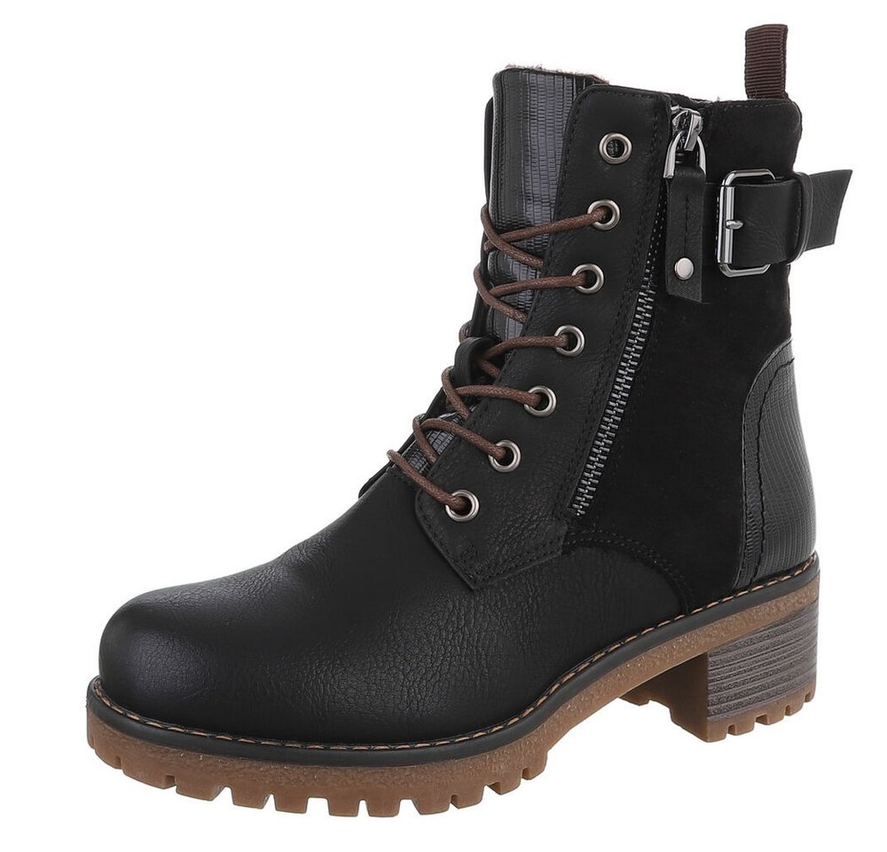 Ital-Design Damen Stiefel mit Reißverschluss und Schnürung Schnürstiefelette (90542918) Blockabsatz Stiefeletten in Schwarz von Ital-Design