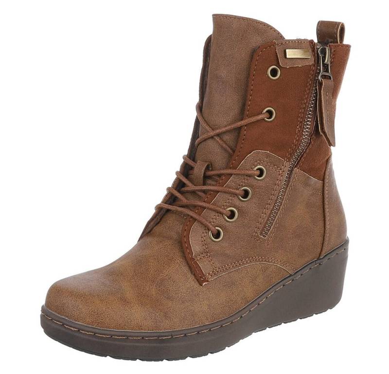 Ital-Design Damen Stiefeletten mit Schnürung und Reißverschluss Schnürstiefelette (90598628) Keilabsatz/Wedge Stiefeletten in Camel von Ital-Design