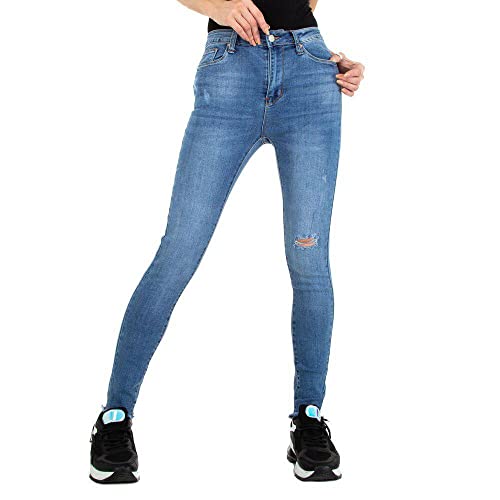 Ital Design Damen Stretch Jeansstoff Used-Look KNÖPFE Reissverschluss Jeans Colorful Premium Gr. 36 Blau von Ital Design