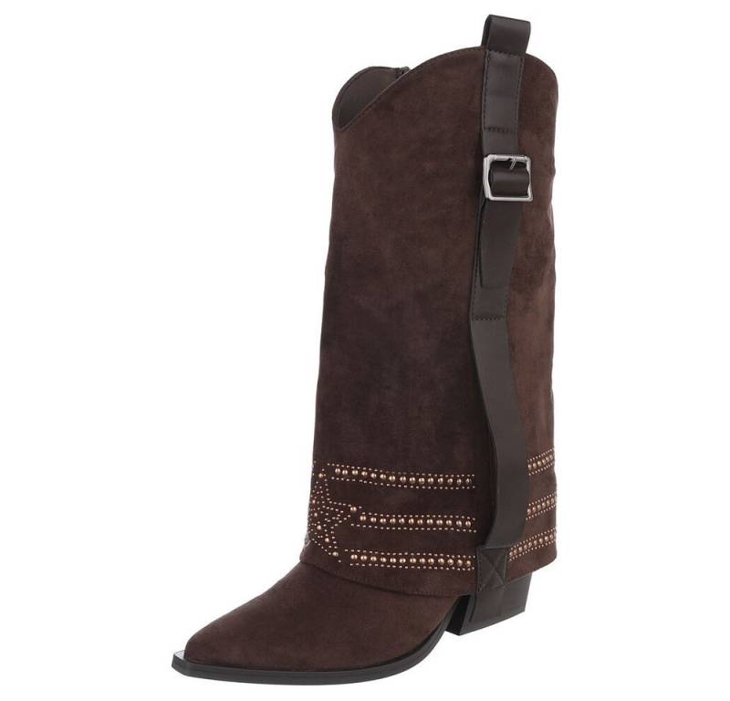 Ital-Design Elegante Damen-Stiefel mit Absatz und hochwertiger Verarbeitung Westernstiefel (90503092) Blockabsatz Stiefel in Braun von Ital-Design