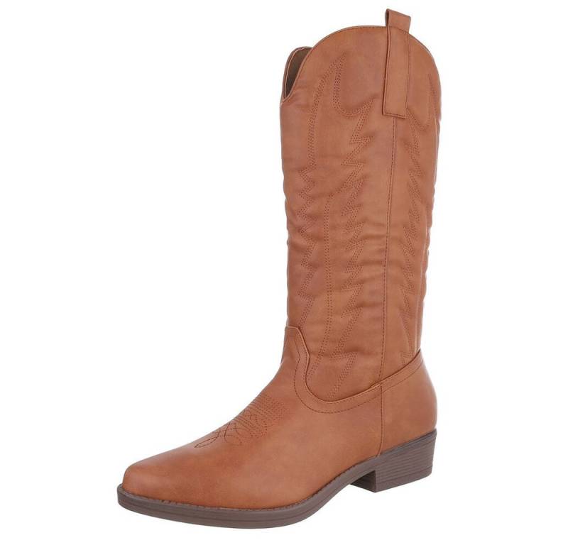 Ital-Design Elegante Damen-Stiefel mit Kunstvollem Design und Komfort Westernstiefel (90482535) Blockabsatz Flache Stiefel in Camel von Ital-Design