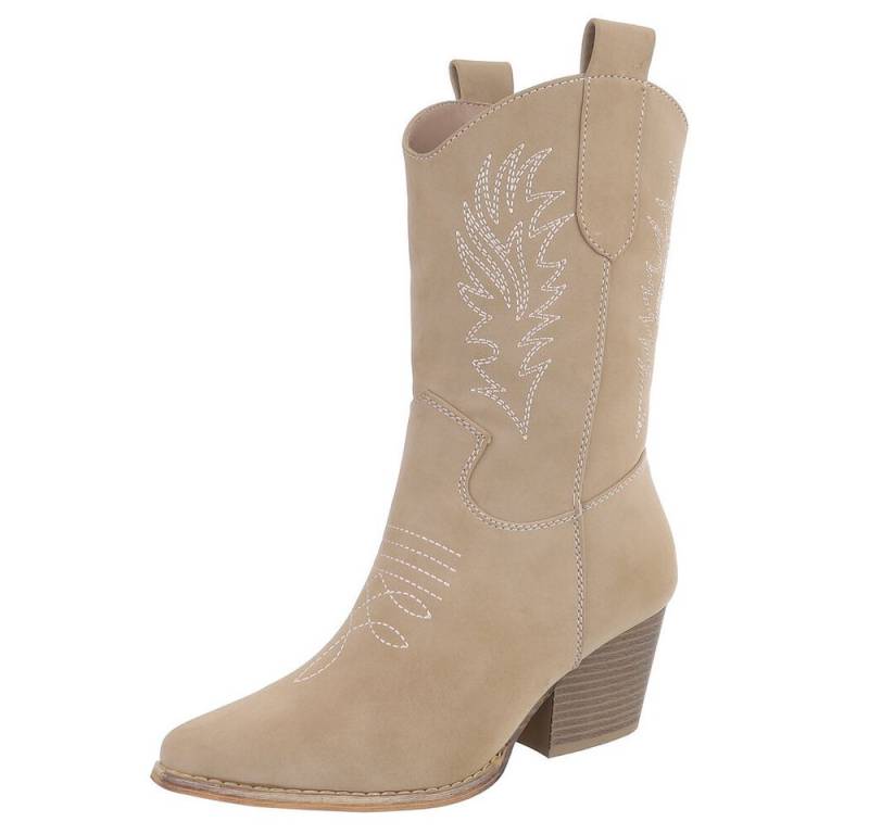 Ital-Design Elegante Damen Stiefel mit Stickerei für Alltag und Freizeit Westernstiefelette (90482739) Blockabsatz Stiefeletten in Hellbraun von Ital-Design