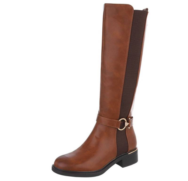 Ital-Design Elegante Damen-Stiefel mit elastischen Einsätzen und Komfort Stiefel (90169457) Blockabsatz Flache Stiefel in Camel von Ital-Design