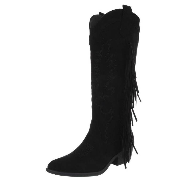 Ital-Design Elegante Damenstiefel mit Fransen für Alltag und Freizeit Westernstiefel (90471230) Blockabsatz Stiefel in Schwarz von Ital-Design
