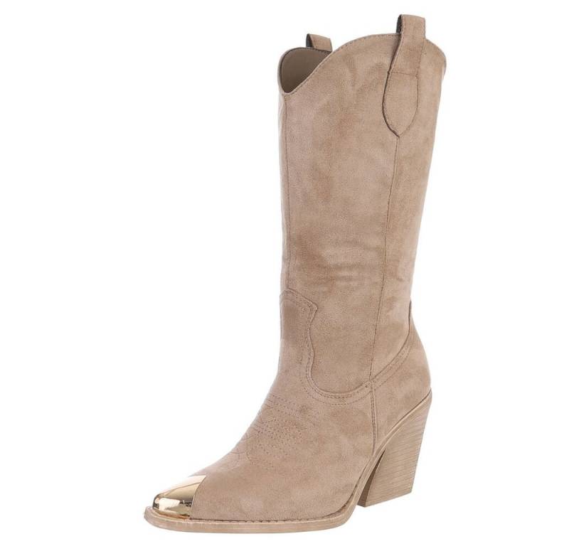 Ital-Design Elegante Damenstiefel mit Spitzenausstattung für Freizeit Westernstiefel (89937895) Blockabsatz Stiefel in Hellbraun von Ital-Design