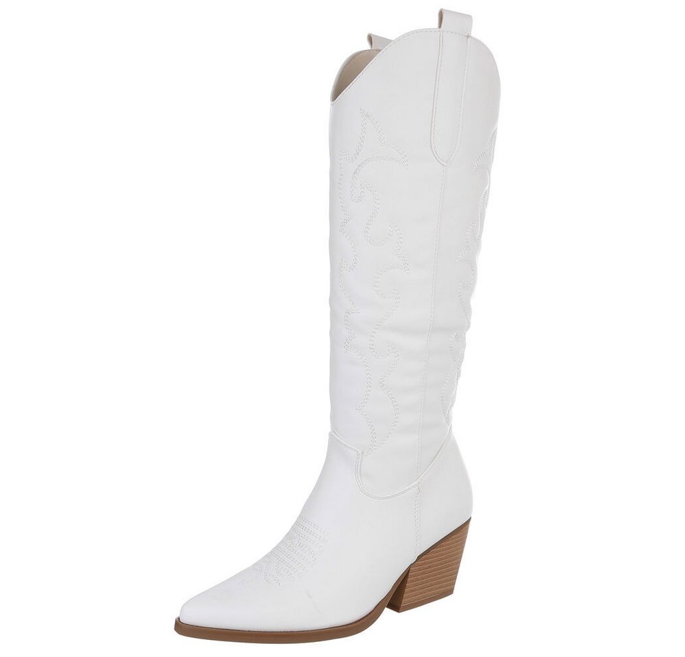 Ital-Design Elegante Stiefeletten mit hohem Absatz für Damen Westernstiefel (90153152) Blockabsatz Stiefel in Weiß von Ital-Design