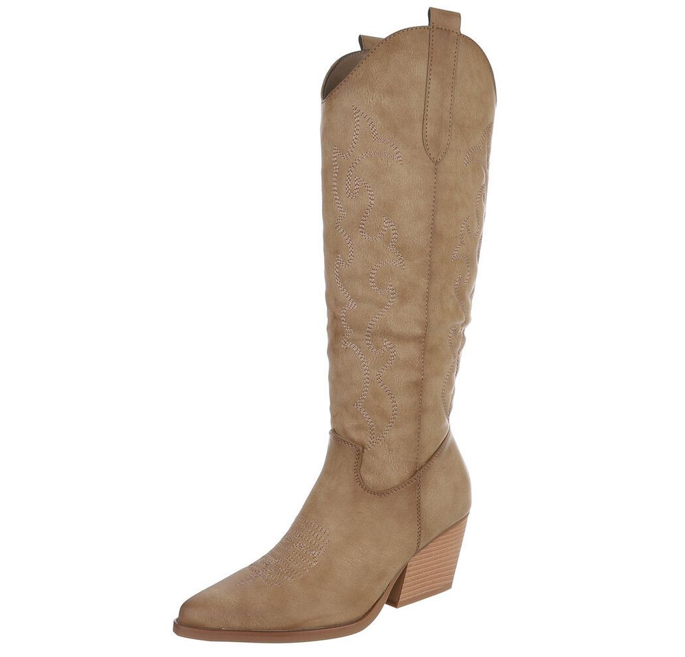 Ital-Design Elegante Stiefeletten mit hohem Absatz für Damen Westernstiefel (90153158) Blockabsatz Stiefel in Hellbraun von Ital-Design