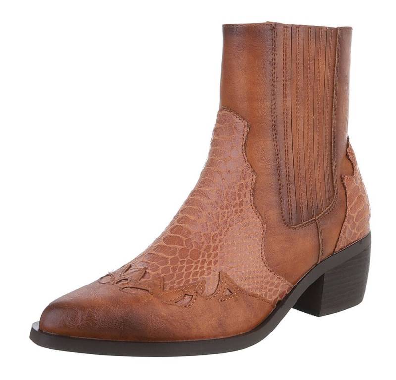 Ital-Design Elegante Stiefeletten mit reptilähnlichem Detail für Damen Westernstiefelette (90152911) Blockabsatz Stiefeletten in Camel von Ital-Design