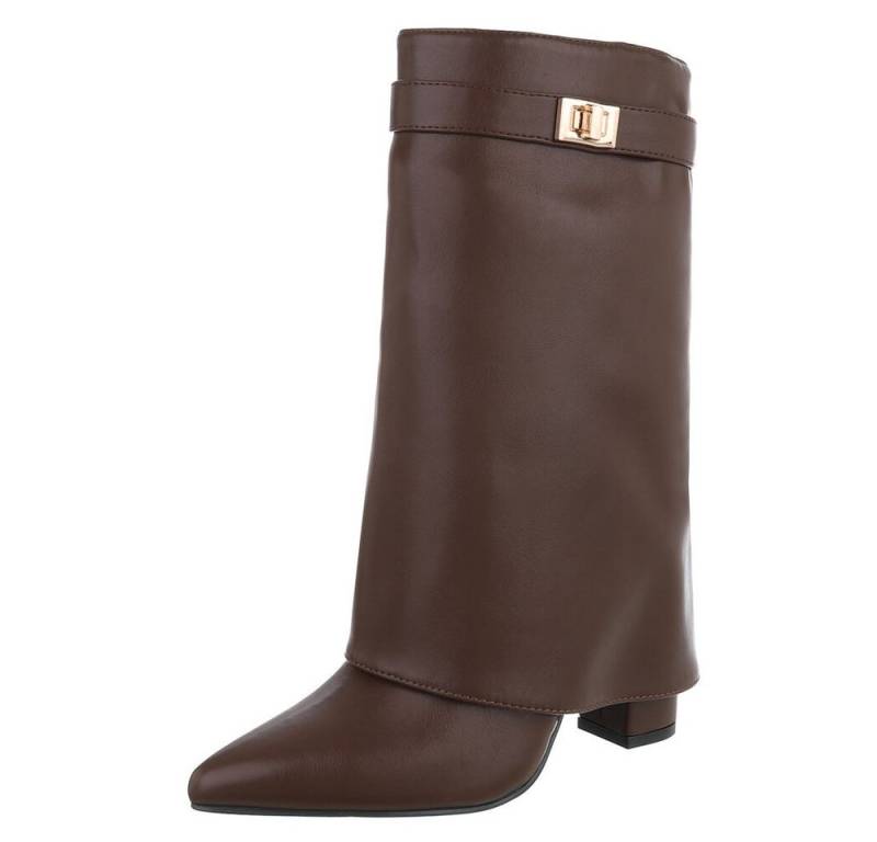 Ital-Design Elegante Stiefeletten mit umgeschlagenem Schaft für Damen High-Heel-Stiefel (90169661) Blockabsatz Stiefel in Braun von Ital-Design